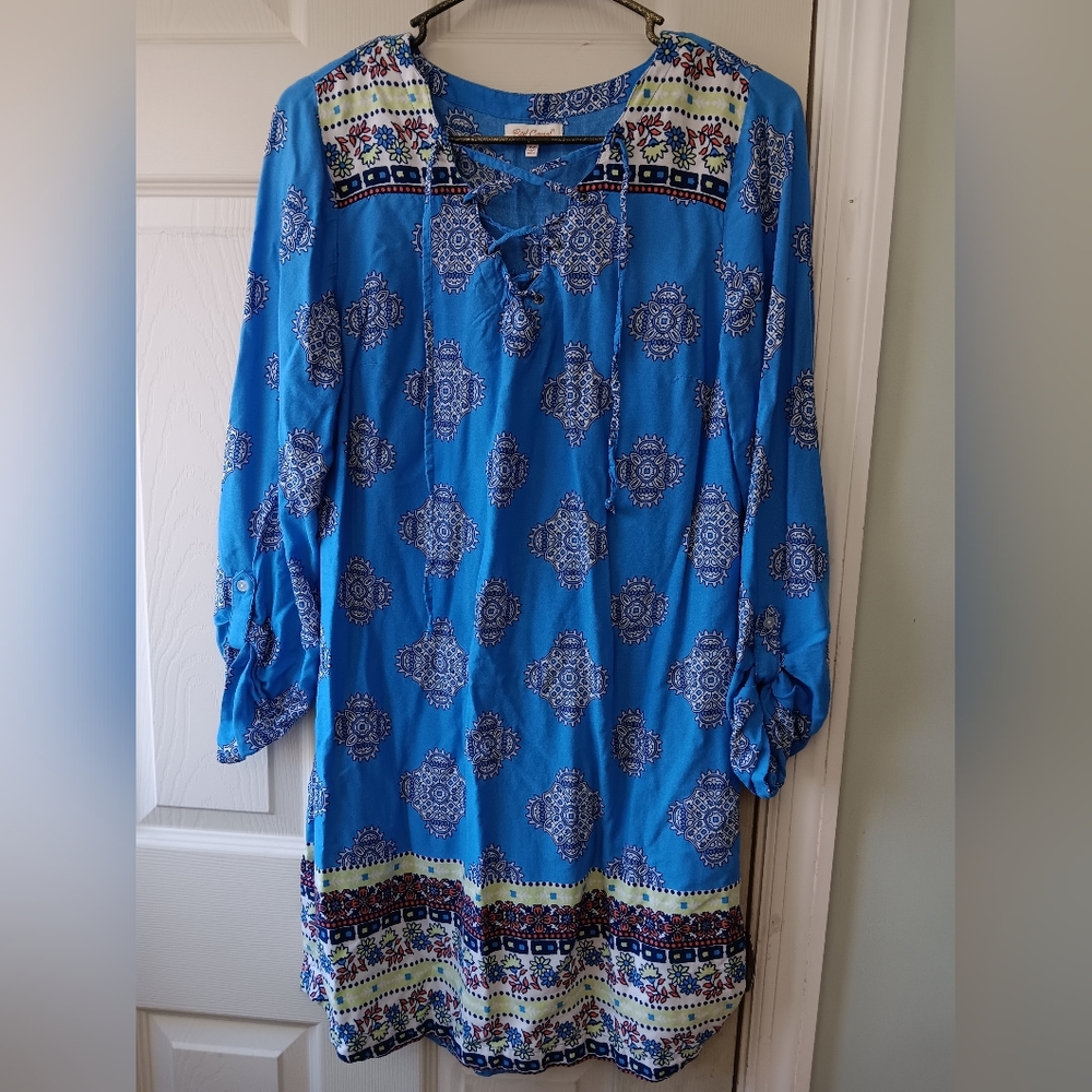 Red Camel Womens Blue Floral Lace Top Pullover Dress Long Sleeve size medium